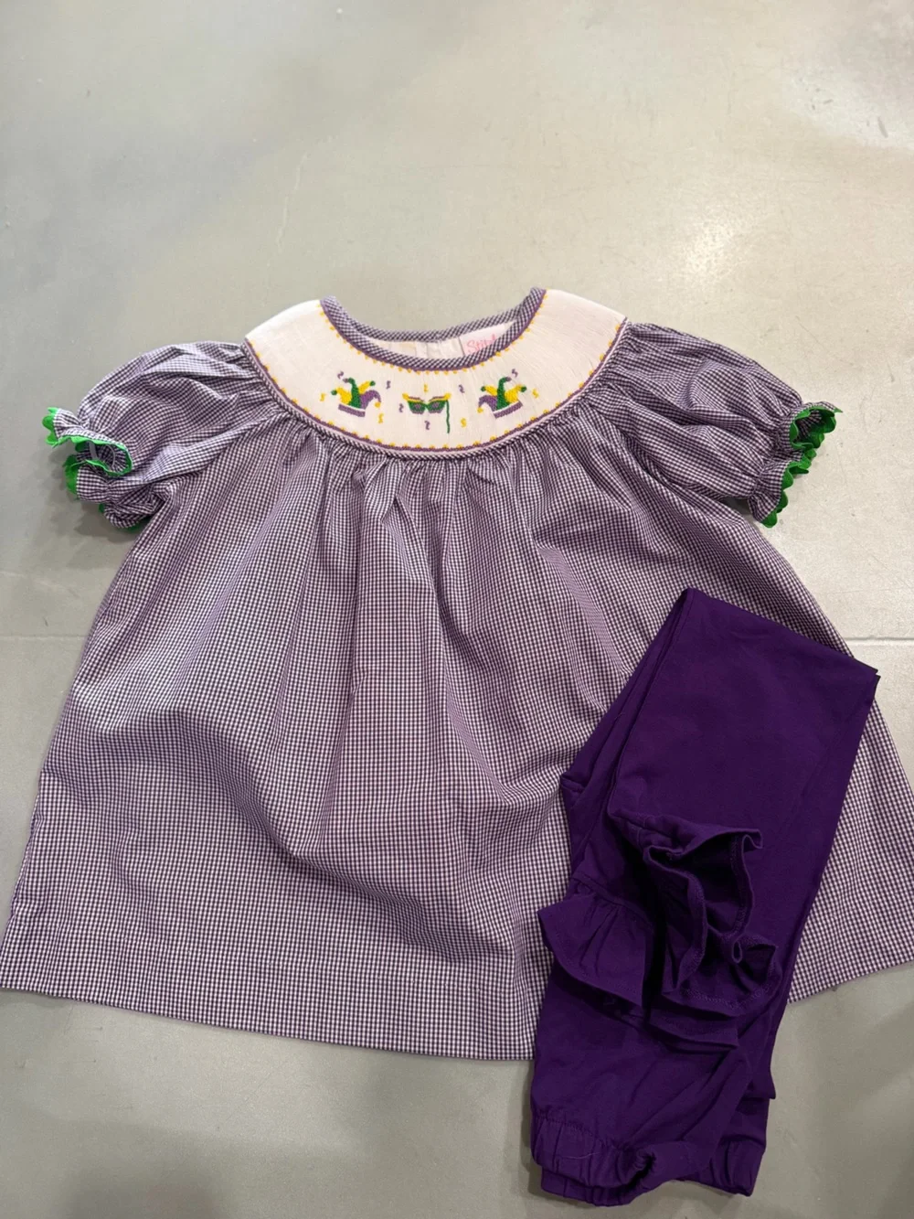 Purple Gingham Girls' Matching Set with Smocked Yoke